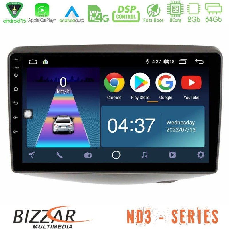 Bizzar ND3 Series 8Core Android15 2+64GB  Toyota Yaris 1999 - 2006 Navigation Multimedia Tablet 9"