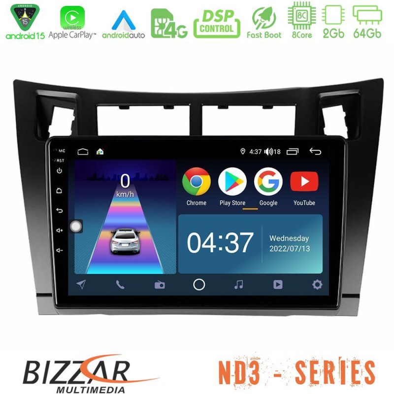 Bizzar ND3 Series 8Core Android15 2+64GB  Toyota Yaris Navigation Multimedia Tablet 9" (Μαύρο Χρώμα)