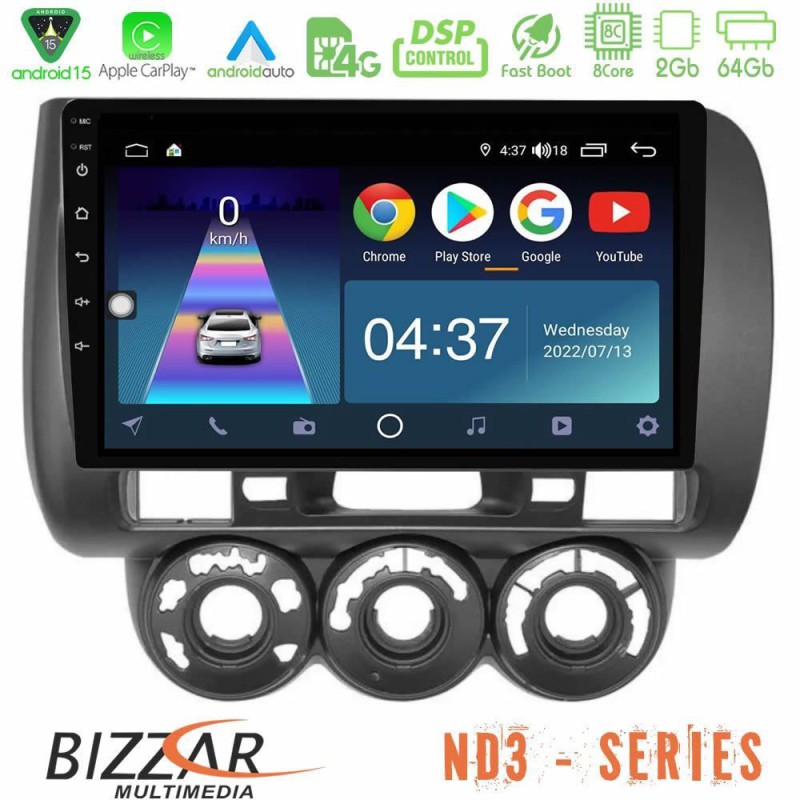 Bizzar ND3 Series 8Core Android15 2+64GB Honda Jazz (Fit) 2002-2008 (RHD) Manual A/C Navigation Multimedia Tablet 9" Bizzar ND3 Series 8Core Android15 2+64GB Honda Jazz (Fit) 2002-2008 (RHD) Manual A/C Navigation Multimedia Tablet 9"