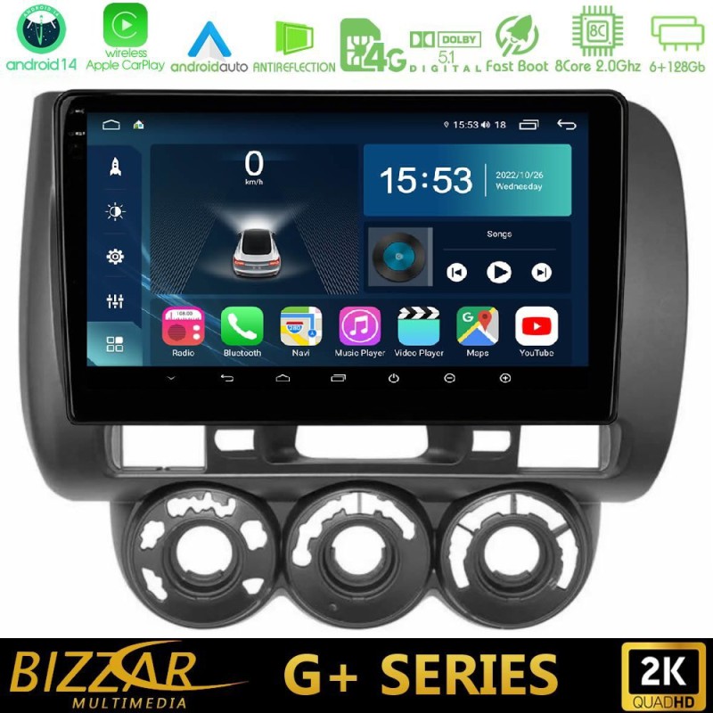 Bizzar G+ Series Honda Jazz (Fit) 2002-2008 (RHD) Manual A/C 8core Android14 6+128GB Navigation Multimedia Tablet 9"